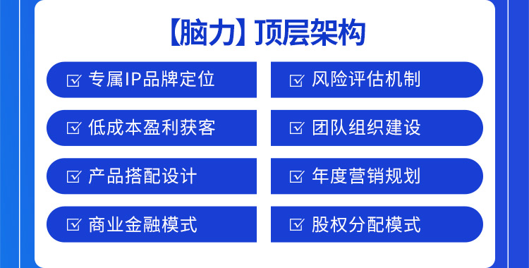 陌谷頂層架構：專屬IP品牌定位，風險評估機制，低成本盈利獲客，團隊組織建設，產品搭配設計，年度營銷規劃，商業金融模式，股權分配模式